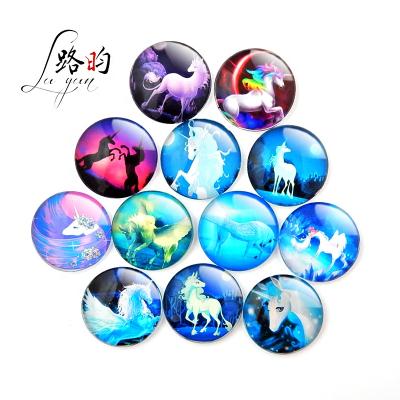 China Shape Luyun Design 30mm Crystal Colorful Dream Glow Unicorn Round Fridge Magnet Glass Animal Set for sale