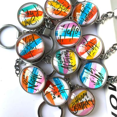 China English Words Crystal Glass Round Keychain Color 25mm Round Double Sided Souvenir Gifts Promotion New Products for sale