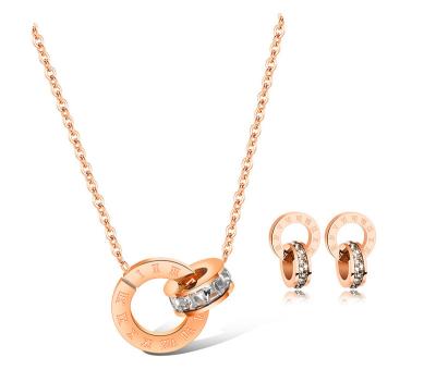 China Women Environmental Friendly Jewelry Set Engravable Wholesale Rhinestone Round Double Rose Gold Earring Necklace Jewelry Set for sale