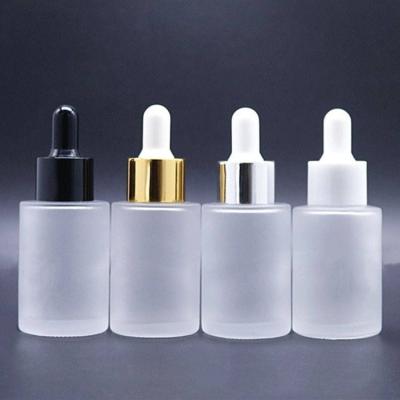 China 1oz 30ml Shoulder Flat Cylinder Cosmetic Clear Frosted Glass Dropper Bottle For Serum Essential Oil for sale