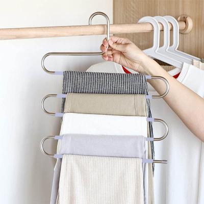 China Modern Stainless Steel Trousers Hanger 5 Layers Pants Hangers Space Saving Multi Jeans Pant Rack S Type Clothes Pant Hanger for sale