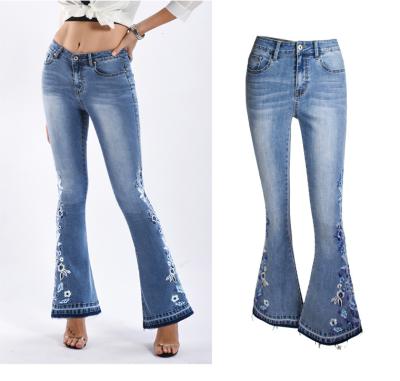 China QUICK DRY Blue Stretch Denim Blue Flower Women's Floral Embroidered Jeans Jeans Manufacturer for sale