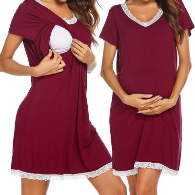 China Wholesale V-neck Lace Pregnant Women Anti-allergy Cotton Maternity Care Maternity Dress for sale