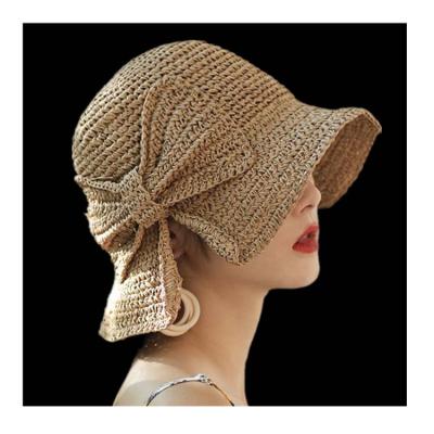 China Summer Women Spring And Sun Hat Beach Hat Checked Bow Woven Folding Straw Hat for sale