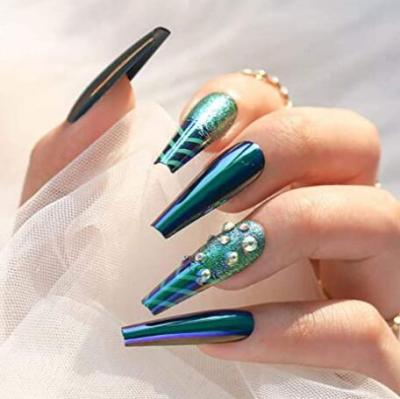 China Nail Art Salon Glossy Glitter False Nails Coffin Nail Full Cover Fake Stone Long Press On Nails For Women And Girls for sale