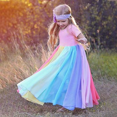 China 2020 Girls Summer Spring Fasion Anti-wrinkle Short Sleeve Rainbow Patchwork Dress Kids Casual Dress for sale