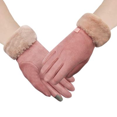 China Women Girls Winter Plush Gloves Furry Touch Screen Colorful Logo Custom Travel Warm Wholesale Windproof Pink Ladies Ski Gloves for sale