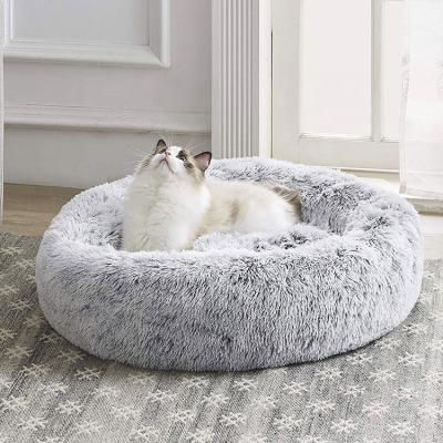 China Dog Bed Plush Faux Fur Worry Donut Round Calming Pet Dog Bed Plush Cat Bed for Small Dogs and Cats for sale