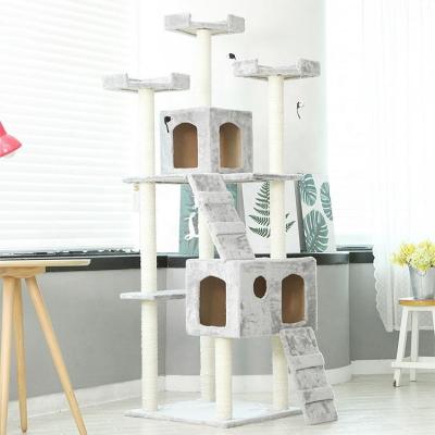 China Factory Direct Stocked Natural Cat Climbing Stracher Wood Condo Sisal Pet Furniture Cat Tree Tower Short Plush Liner Mail for sale