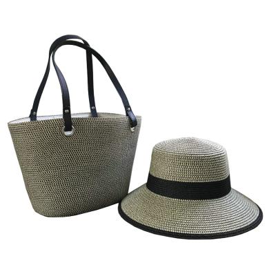 China 2021 Wholesale NY Summer Women Travel Eco-friendly Stripe Color Paper Straw Wrapping Beach Eco-Friendly Beige Hat And Bag Set for sale