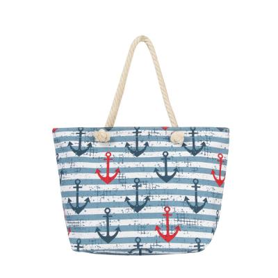 China Wholesale High Quality 2020 NY Summer Bag Women Canvas Tote Anchor Printing Navy Stripe Cotton Rope Handle Large Pocket Beach Bag for sale