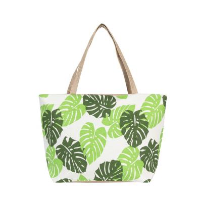 China New Summer High Quality 2020 NYB Cotton Canvas Handbags Navy Blue Green Leaf Design Shopping Online For Travel Tote Women Beach Bag for sale