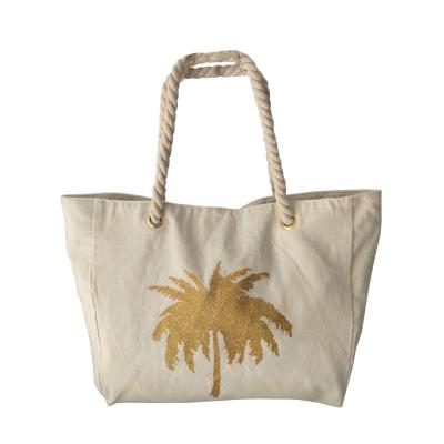 China Eco-friendly Women Large Size Coconut Tree Unique Printing Gold Handbag OEM Shoulder Zipper Fashion Pockets Screen Print Canvas Large for sale