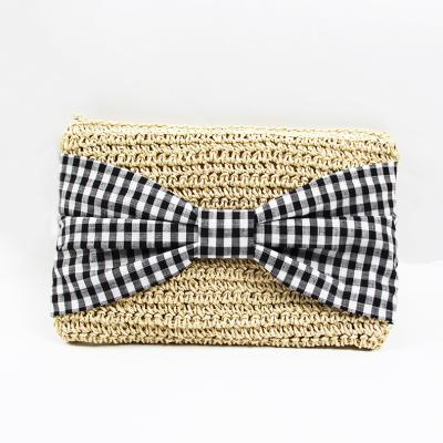 China Factory Women Niyang Bag Girls Fashion Handmade Paper Braid Straw Handmade Crochet Plaid Tropical Bow Knitted Clutch Bag Beige Quilted Clutch Bag for sale