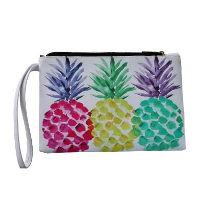 China MOQ 10pcs Fashion Women Summer Beach Travel Running White Leather Pineapple Pineapple Printing Tropical Cosmetic Small Wallet Soft Clutch Bag for sale