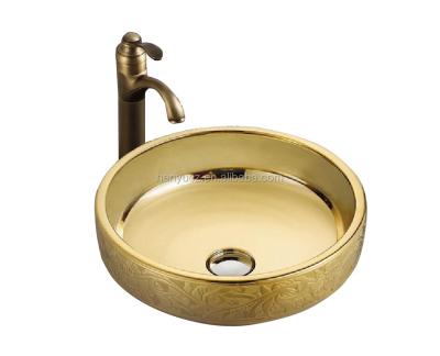 China Hand Wash Basin HY9009 Design Luxury Gold Color Basins Villa Used Counter Top Cabinet Art Basin for sale