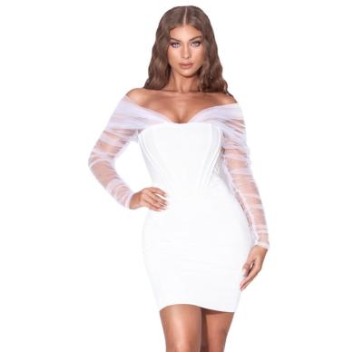 China D9019#Sexy v neck gauze perspective anti-static long sleeve bandage dress cocktail dress white for sale