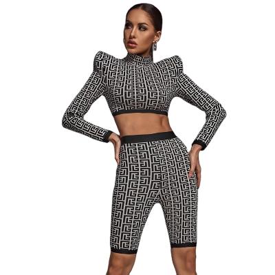 China New Arrived Sustainable D8202 Round Neck Long Sleeve Printed Slim Stretch Jacquard Two Piece Suit for sale