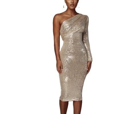 China D8130#New Anti-static women's nightclub sequins long-sleeved perspective dress slim one-shoulder slim party dress for sale