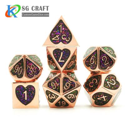 China Special custom logo d20 20d dnd rpg board game metal etched polyhedrol 16 mm dnd games d&d rose gold plating glitter glitter dies for sale