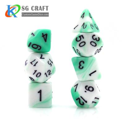 China DND Games with Green White Swirl RPG/DND Role Playing Game Dice Set, 7pcs Custom Acrylic Dice Set D4-D20 No MOQ for sale