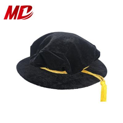 China School Black Velvet Graduation Doctoral Hat Tudor Velvet Bonnets With Gold Ties for sale