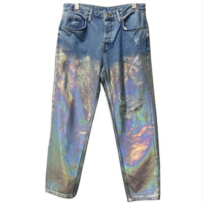 China Sustainable Newest Design Broken Hole Jeans Ripped To Foil Printed Jeans Ladies Pants Women Jeans for sale