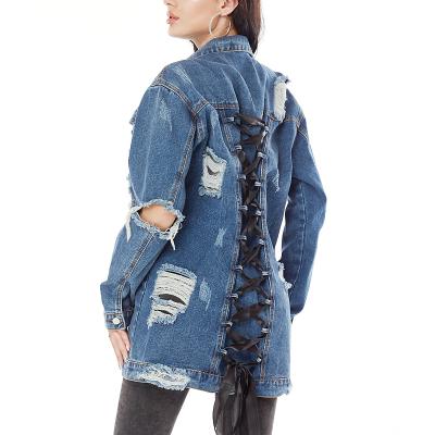 China Durable Handmade Drawstring Woven Hole Lapel-breasted Girls Denim Jacket Tied Long Denim Jacket for sale