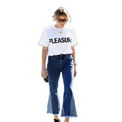 China Sustainable High Quality Women's Contrast Denim Boot Cut Out Flare Jeans Custom Tassels Hem Slim Fit Pants for sale