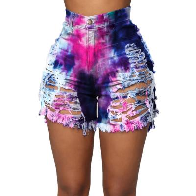 China New Fashion Breathable Style Women Multicolor Tie Dye Print Cut Up Fringe Ripped Engine Jeans Shorts for sale