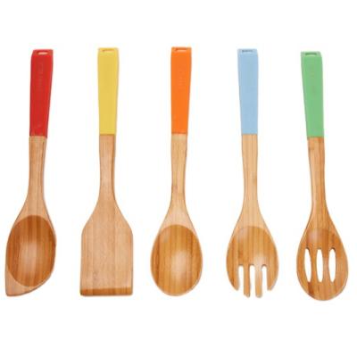 China Sustainable Kitchen Cooking Ware Set Wooden Cooking Tools Silicone Handle Kitchenware Bamboo Utensil Set for sale