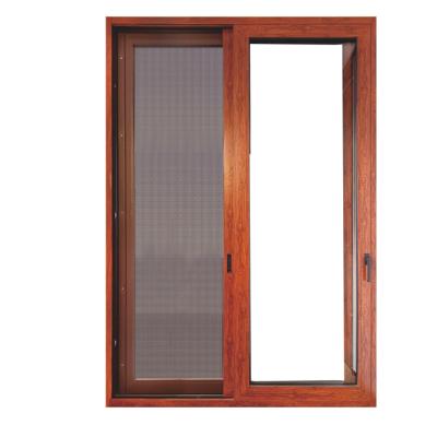 China RG180 Sound Insulation Three Track Sliding Door Wood Color Doors Frame Double Tempered Glass Aluminum Sliding Doors With Mosquito Net for sale