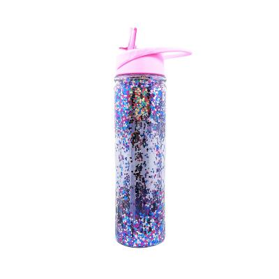 China Sustainable Hot Sale Glitter Sport Double Wall Plastic Water Bottle With Straw for sale