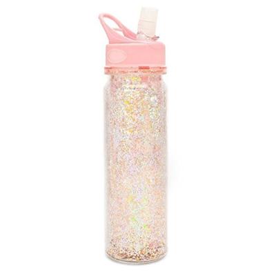 China New Design Sustainable Double Wall Glitter Plastic Water Bottle With Straw And Leak Proof Lid for sale