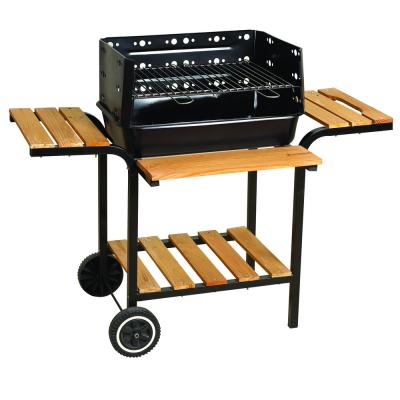 China Easily Assembled Rectangular Steel Charcoal Cart BBQ With Wheels Wood Shelves for sale