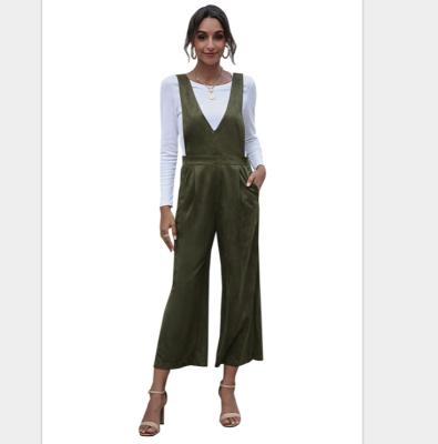 China 2021 fall QUICK DRY women clothes new solid color high waist V-neck wide leg pants plus size casual overalls for women for sale