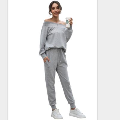 China 2021 Autumn Breathable New Product Fashionable Solid Color Slash Neck Shirt Pants Tracksuit Street Wear Two-Piece Set Suit For Women for sale