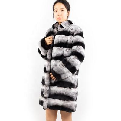 China CAD IATOYW Winter Anti-shrink Women's Long Rex Rabbit Fur Coat Dyed Chinchilla Stripe Fur Coats for sale