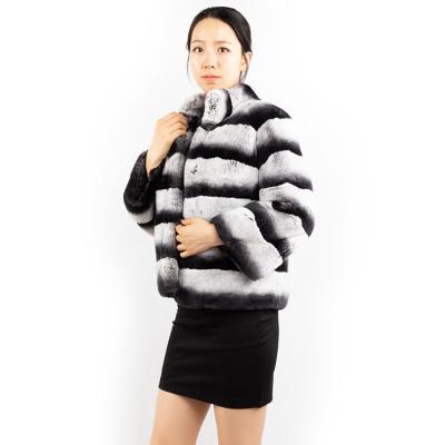 China Wholesale price women anti-shrink winter real rex rabbit fur coat with chinchilla dyed color for sale