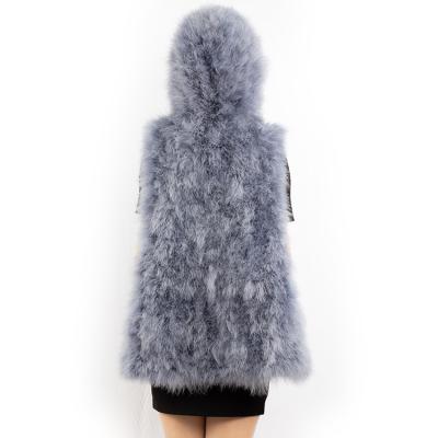 China Wholesale Price Women Ostrich Feather Breathable Fluffy Gray Fur Hooded Vest for sale