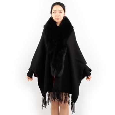 China New Party Women's Real Fox Fur Trim Collar Shawl Woolen Wrap Fashion Color Women's Poncho With Tassel for sale