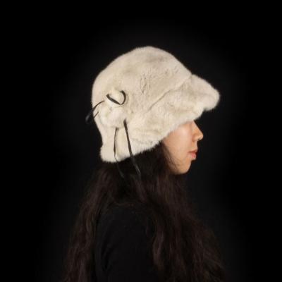 China CAD IATOYW COMMON winter mink fur cloche warm beige hat with silk ribbon floppy bucket hat for women for sale