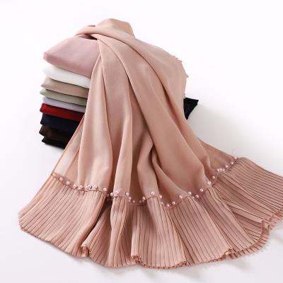 China National Style Bead Headscarf High Quality Pearl Chiffon Turban Pleated Stitching Scarf Nail Bead Hijabs National Style Bead Headscarf for sale