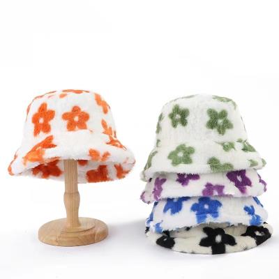 China Keep Warm Wholesale Winter Print Custom Logo Fisherman hats Sunflower Faux Fur Plush Warm Bucket Hat For Women for sale