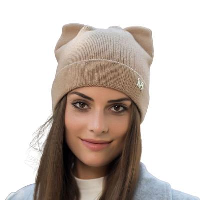 China COMMON New Arrival Custom Women Solid Color Warm Beanie Letters Wool Knitted Beanie Hats With Cat Ears for sale