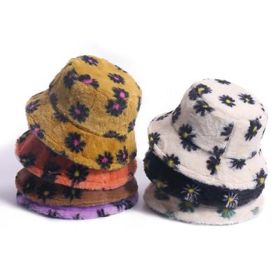 China Fashion Daisy Pattern Plush Fisherman's Hat Winter Sun Flower Basin Faux Fur Warm Bucket Hat for Womens Girls for sale