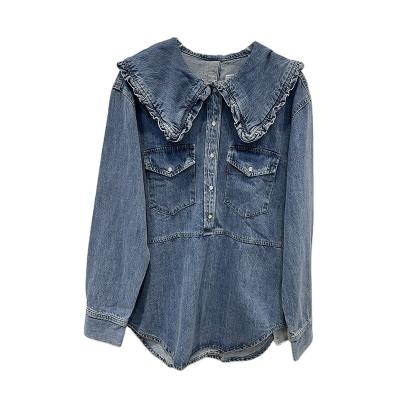 China Anti-wrinkle autumn plus size new fashion temperament casual denim plus size women's blouses and shirts for sale