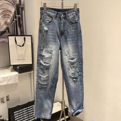 China Anti-wrinkle spring waist straight jeans and new summer fashion personality soft hole high for sale