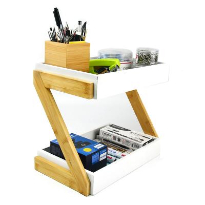 China Viable 2 Tiers Wholesale Natural Bamboo Desktop Storage Box Shelf for Home and Office for sale