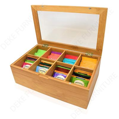 China Recyclable Bamboo Organizer Bin Box Custom 6 Section Tea And Food Storage Compartments With Clear Lid for sale